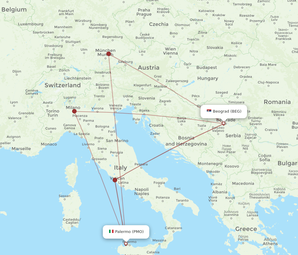 PMO to BEG flights and routes map