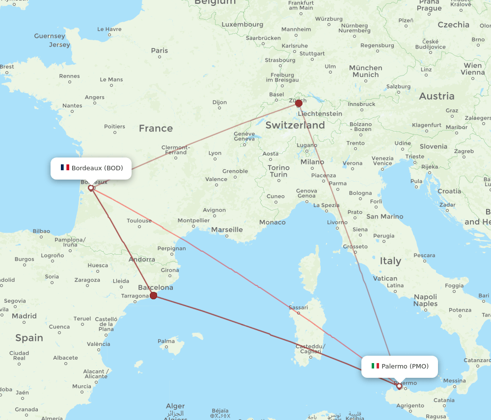 PMO-BOD flight routes