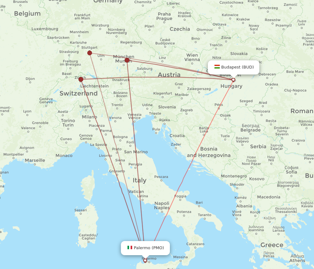 PMO to BUD flights and routes map