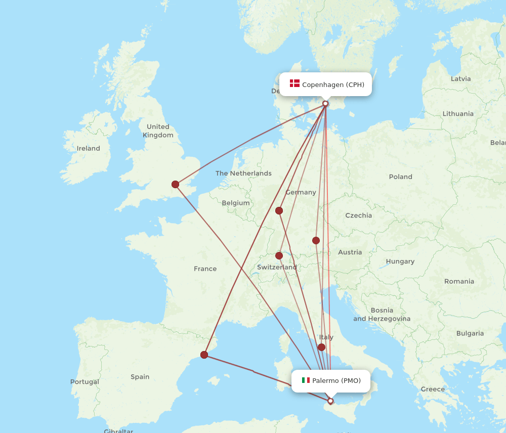 PMO-CPH flight routes