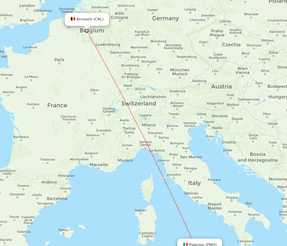 Palermo - Brussels route map and flight paths