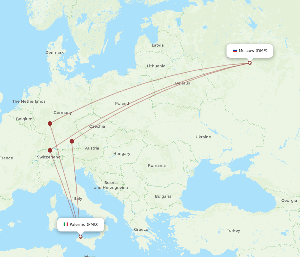 Palermo - Moscow route map and flight paths
