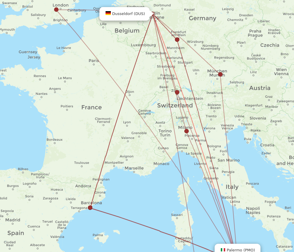 PMO to DUS flights and routes map
