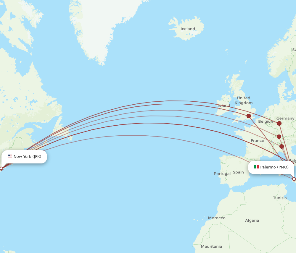 PMO to JFK flights and routes map