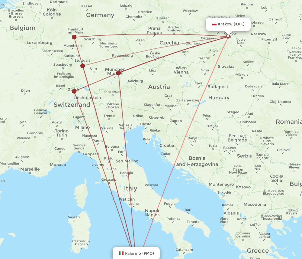 PMO to KRK flights and routes map