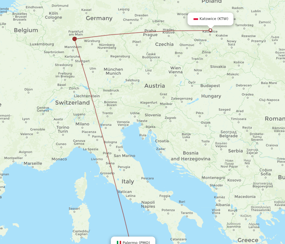 Katowice - Palermo route map and flight paths