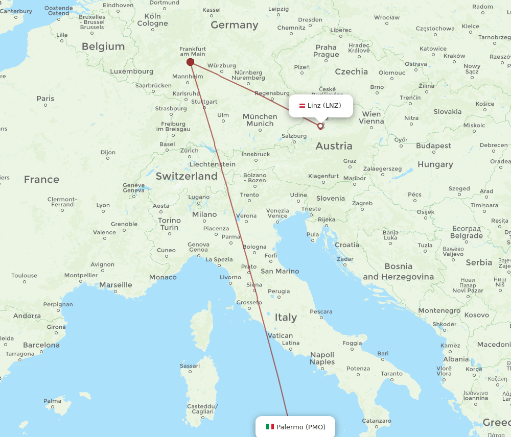 Linz - Palermo route map and flight paths