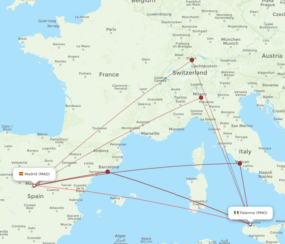 PMO to MAD flights and routes map