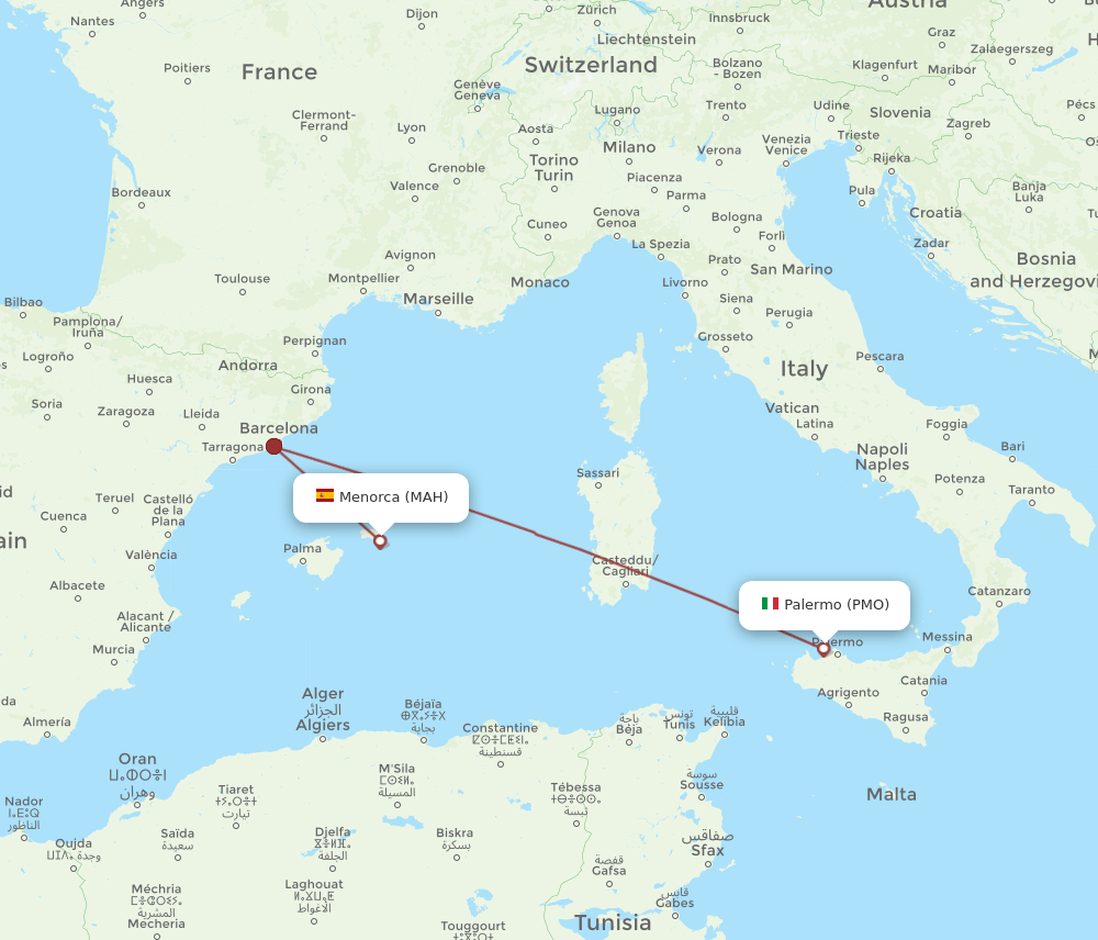 PMO to MAH flights and routes map