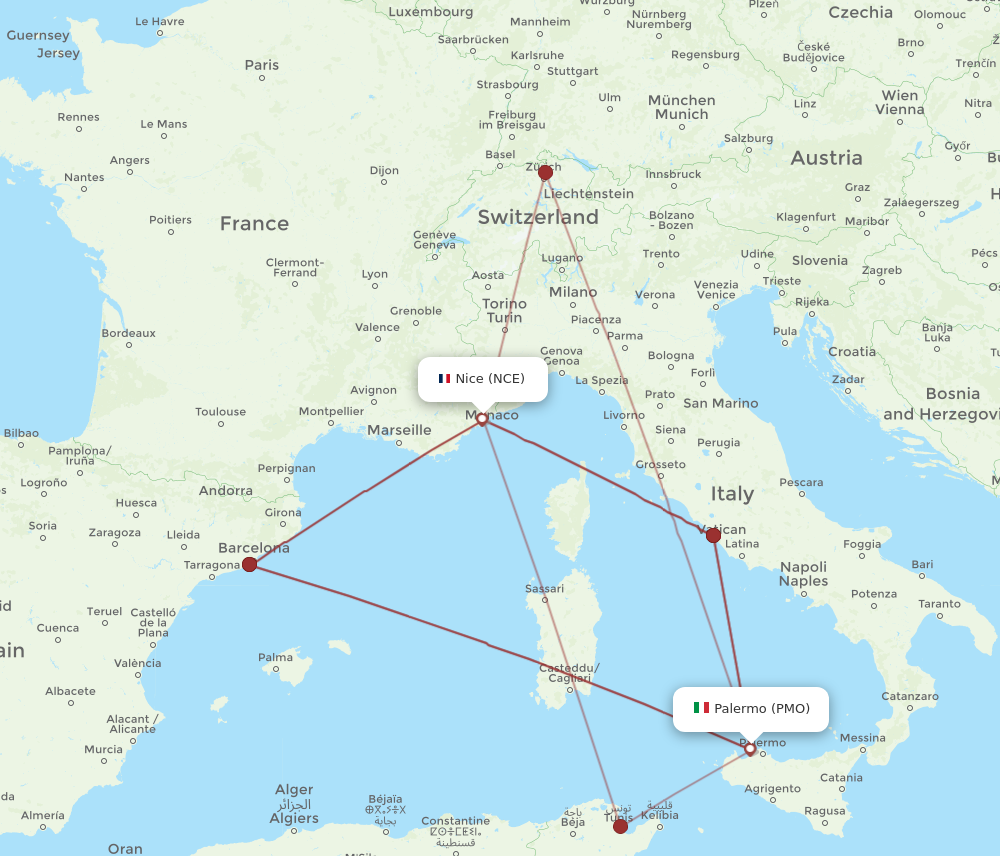 PMO to NCE flights and routes map