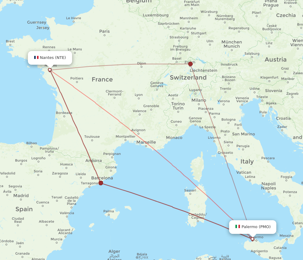 PMO to NTE flights and routes map