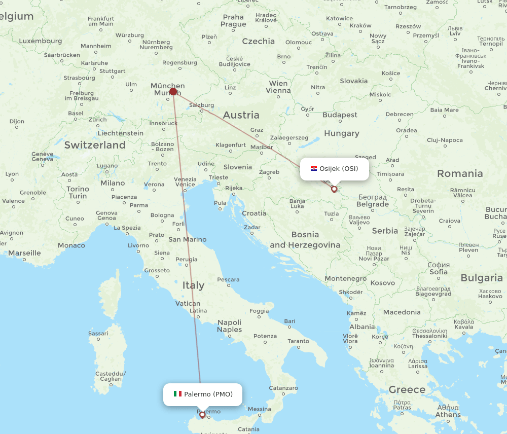 Osijek - Palermo route map and flight paths