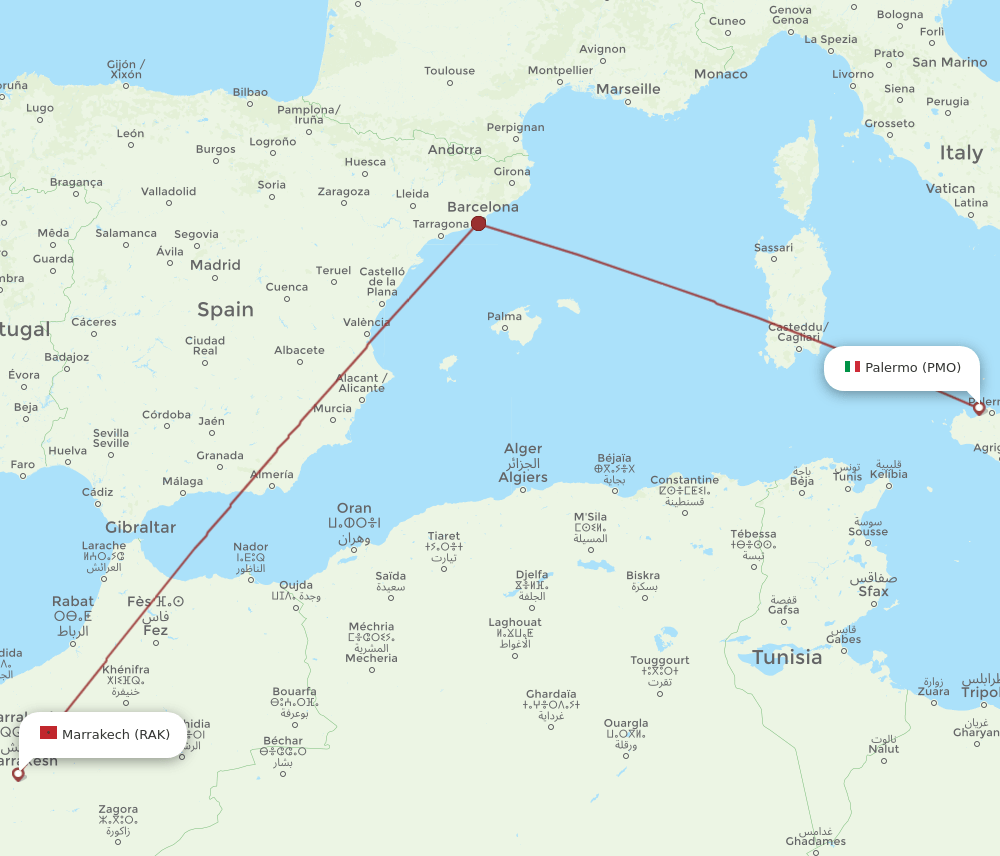 PMO to RAK flights and routes map