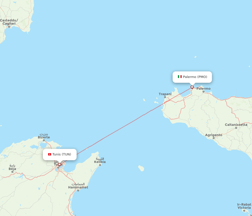 Palermo - Tunis route map and flight paths