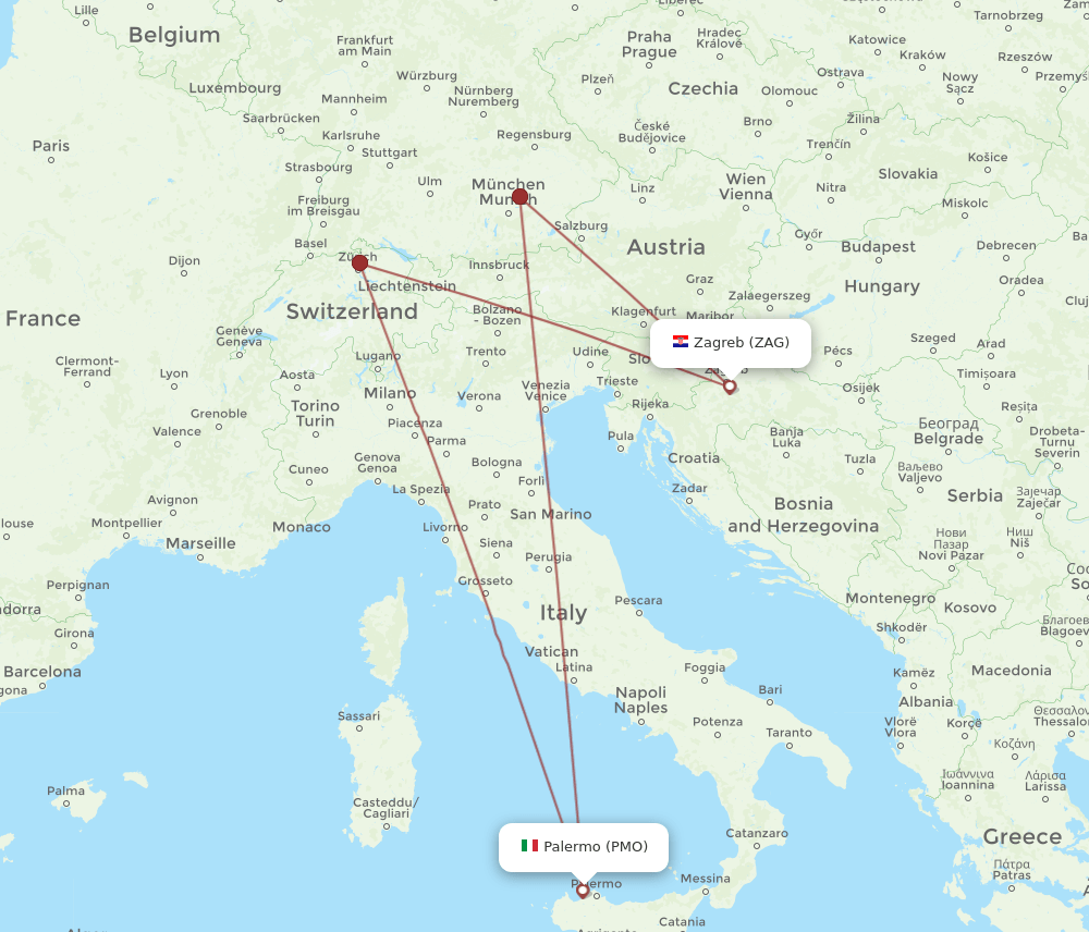 Zagreb - Palermo route map and flight paths