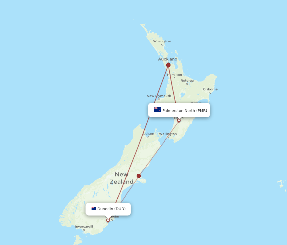 PMR to DUD flights and routes map