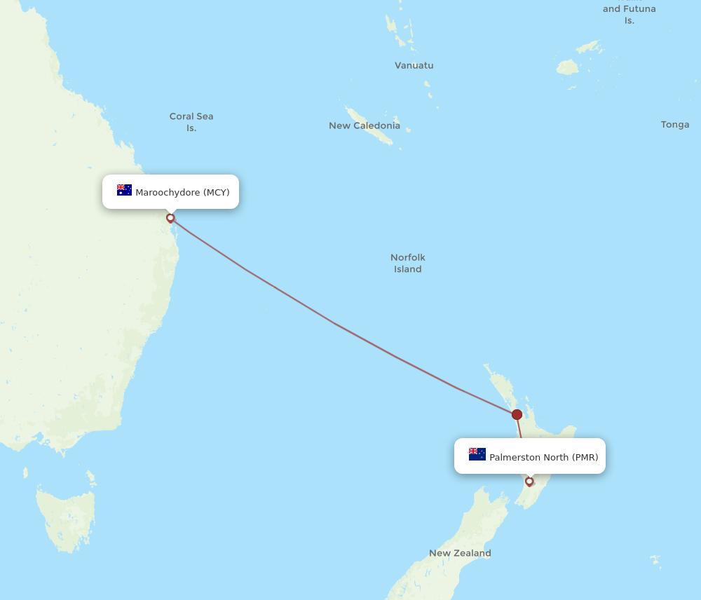 Sunshine Coast - Palmerston North route map and flight paths