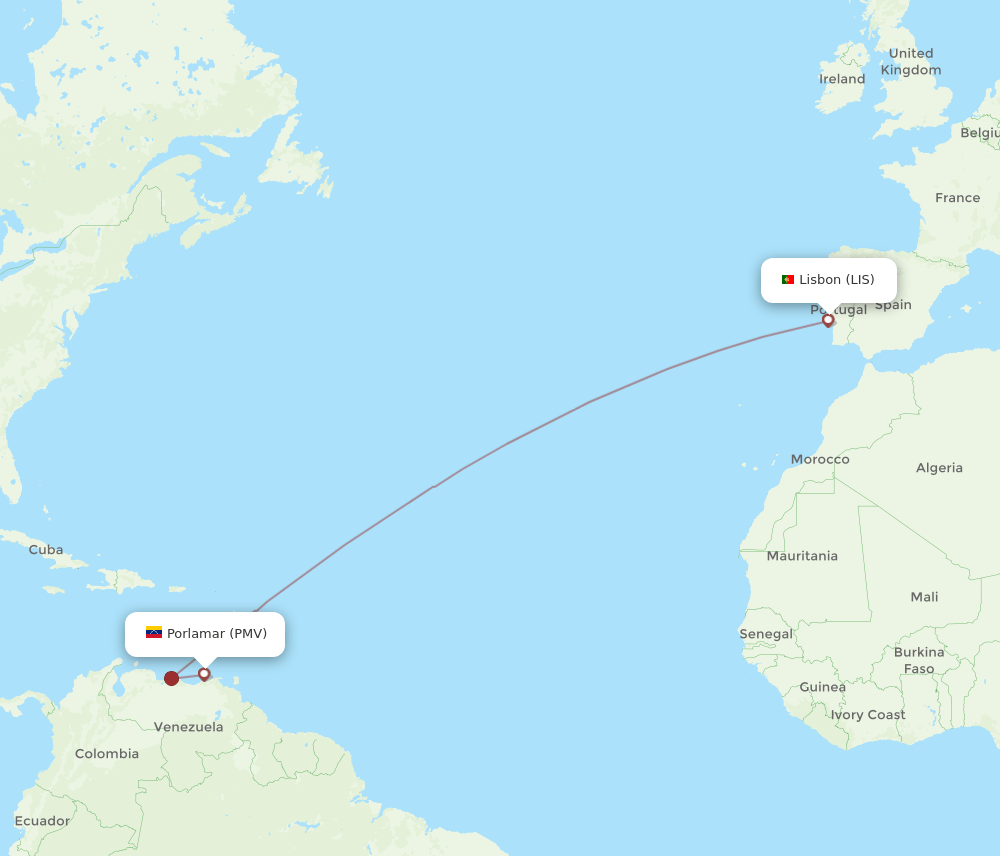 Lisbon - Porlamar route map and flight paths