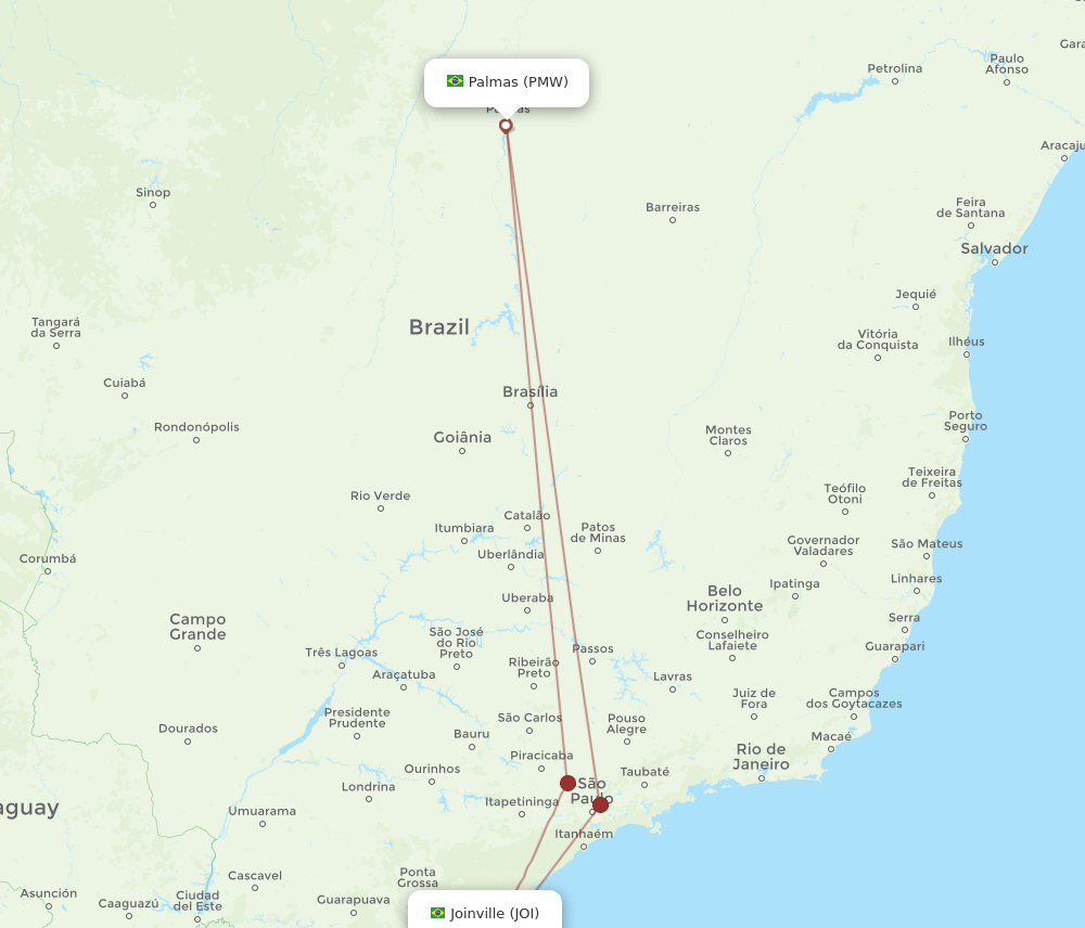 PMW to JOI flights and routes map