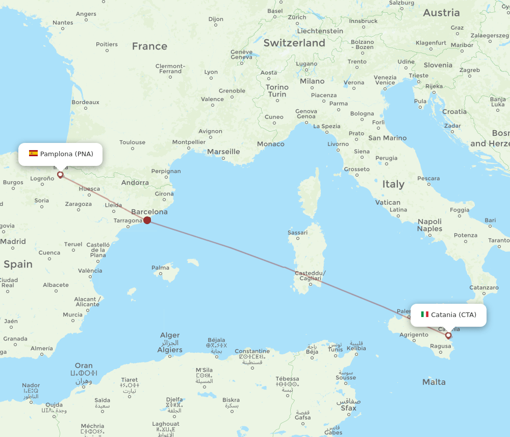 Catania - Pamplona route map and flight paths