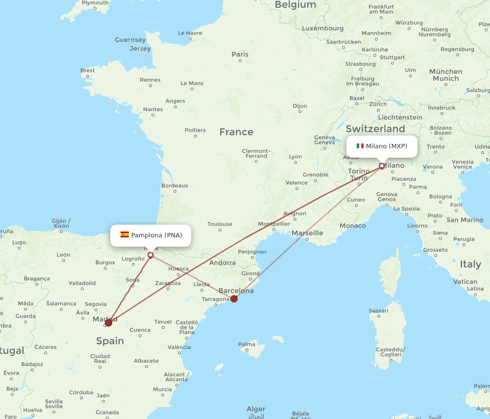 PNA to MXP flights and routes map