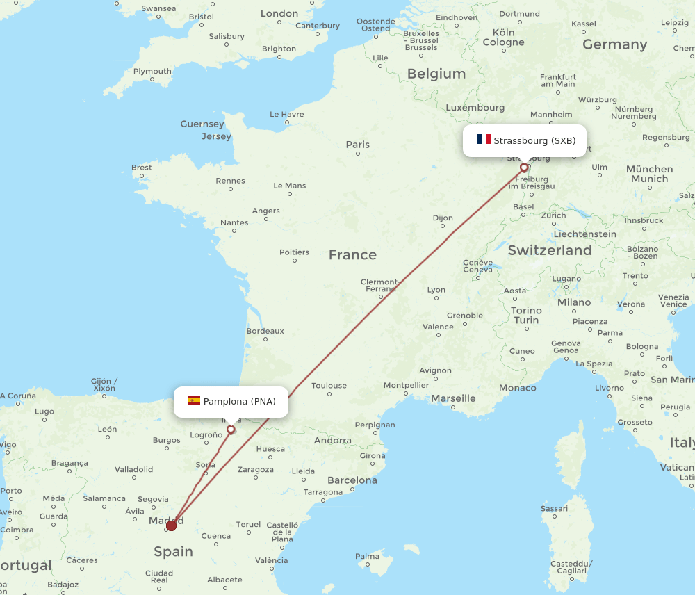 Strasbourg - Pamplona route map and flight paths