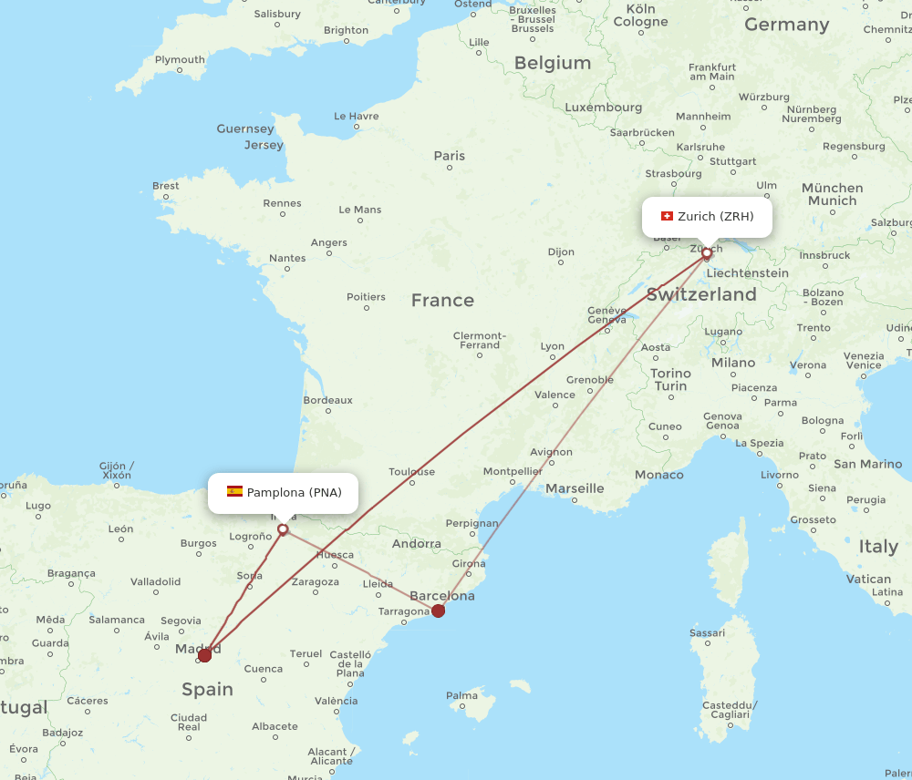 Zurich - Pamplona route map and flight paths