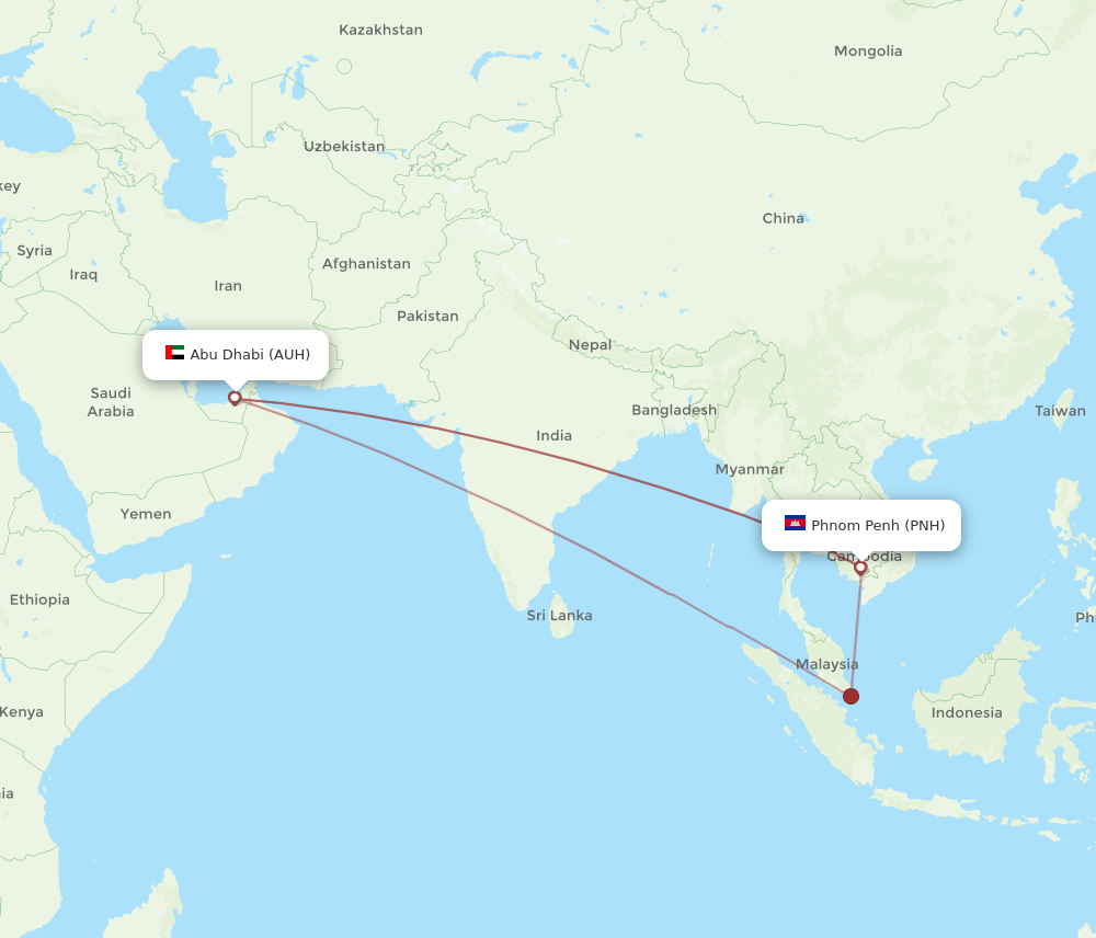 PNH to AUH flights and routes map