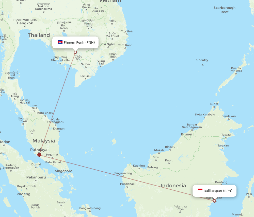 Balikpapan - Phnom Penh route map and flight paths