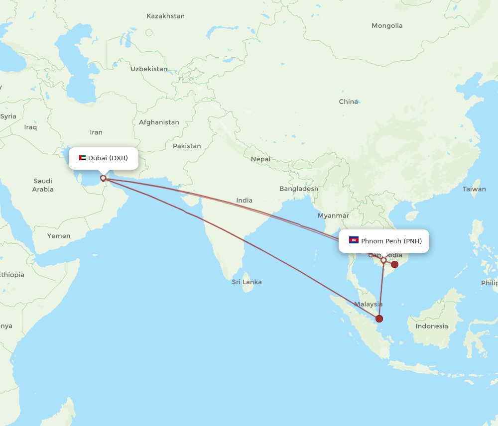 PNH to DXB flights and routes map