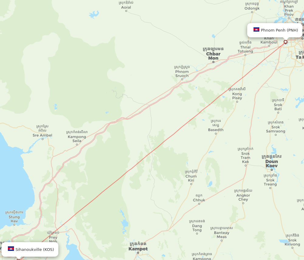 Phnom Penh - Sihanoukville route map and flight paths