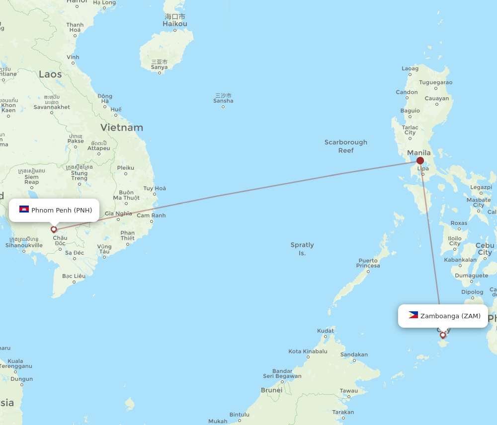 Zamboanga - Phnom Penh route map and flight paths