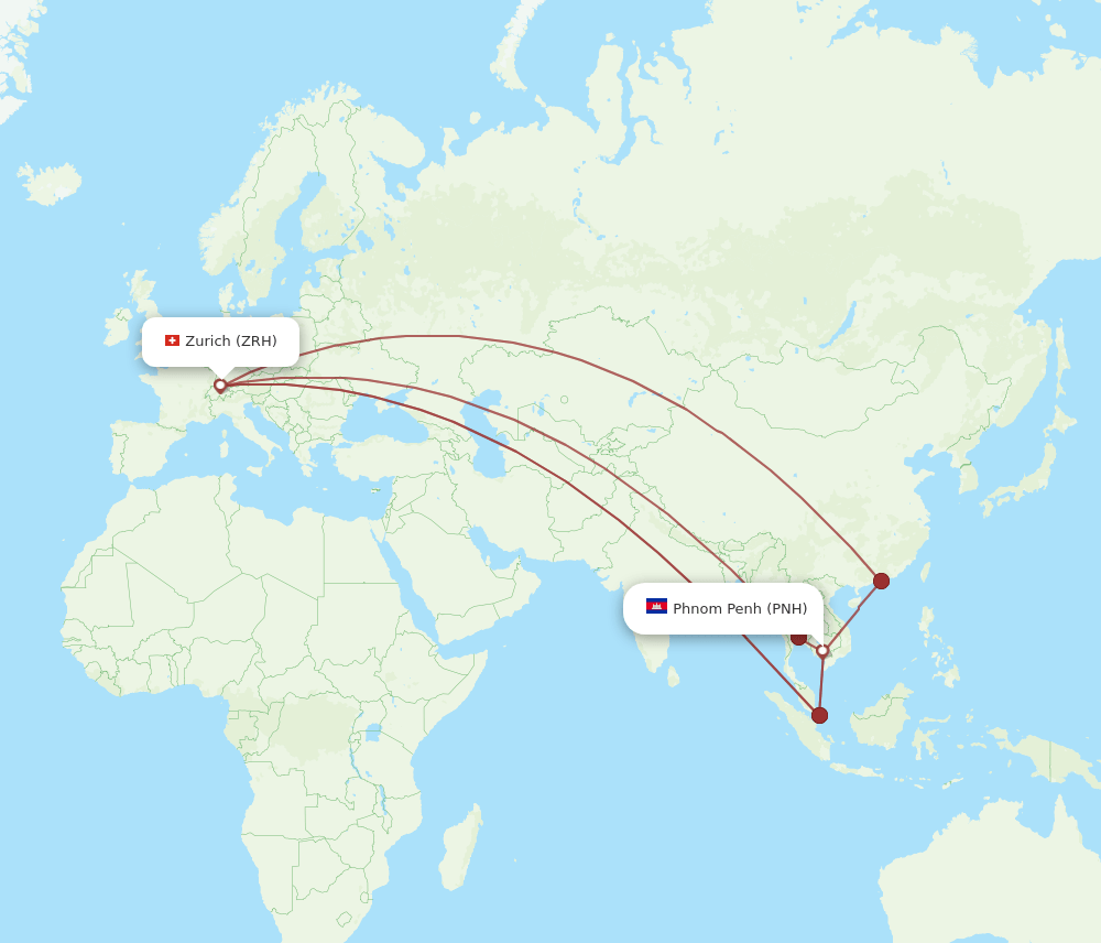 Zurich - Phnom Penh route map and flight paths