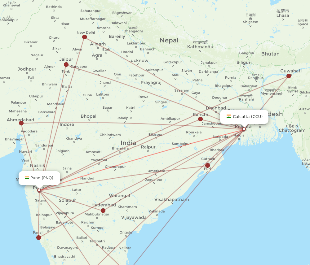 PNQ to CCU flights and routes map
