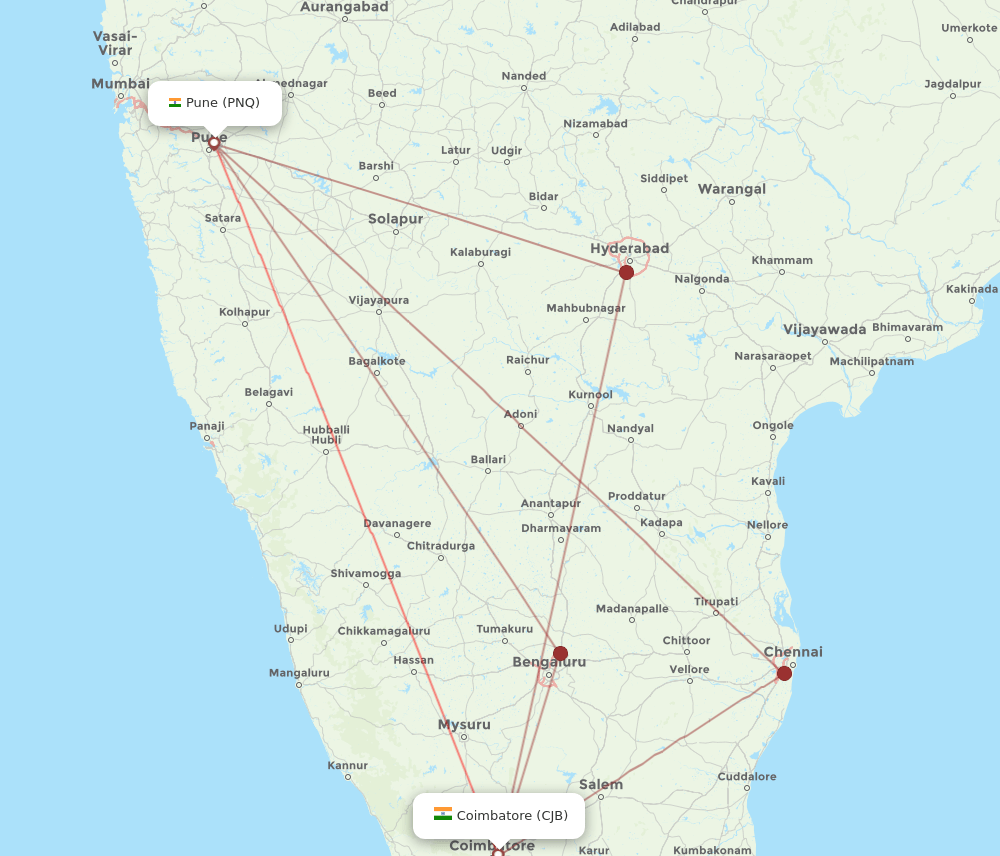 PNQ to CJB flights and routes map