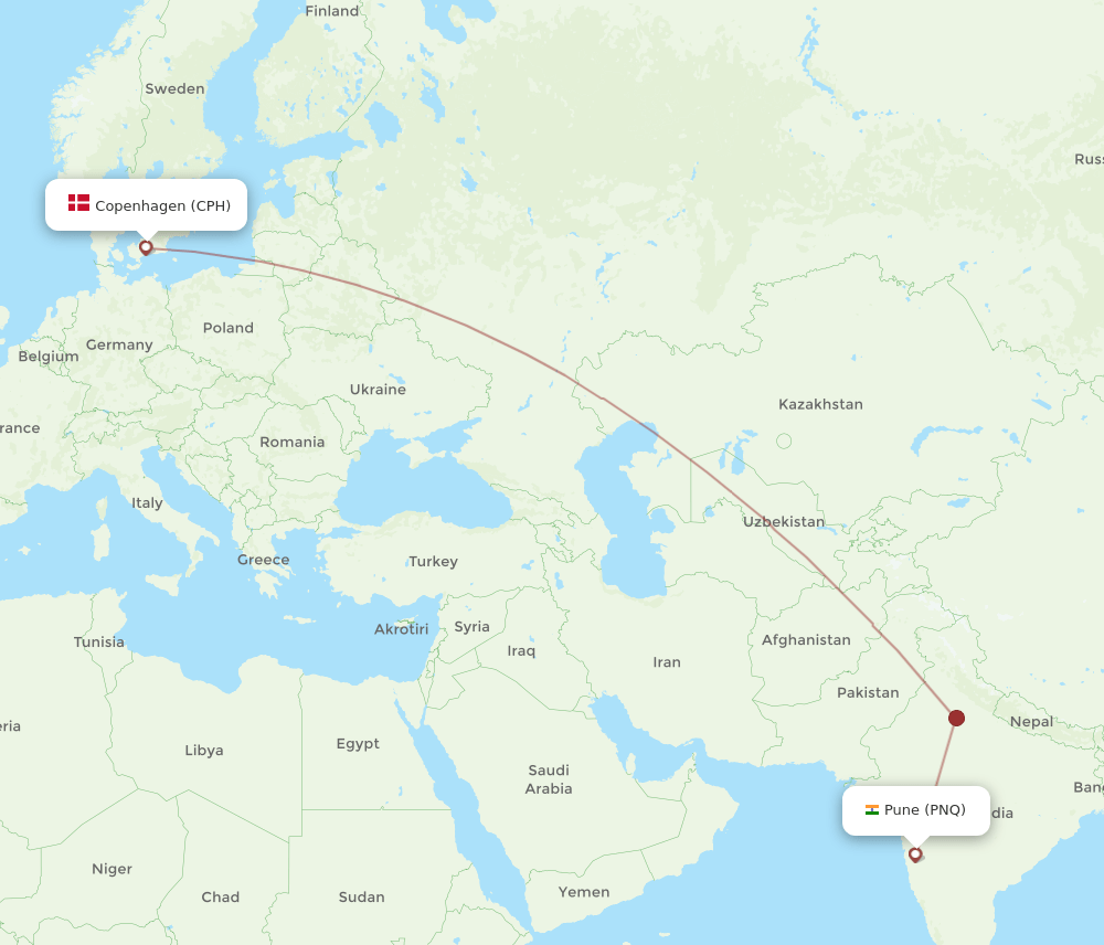 CPH to PNQ flights and routes map