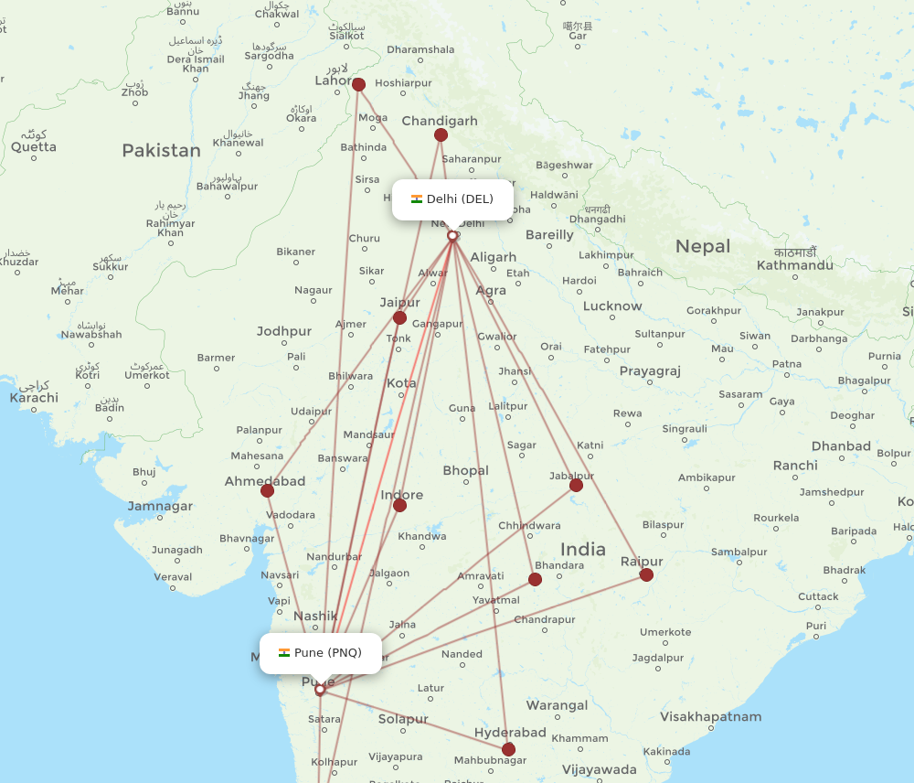 PNQ to DEL flights and routes map
