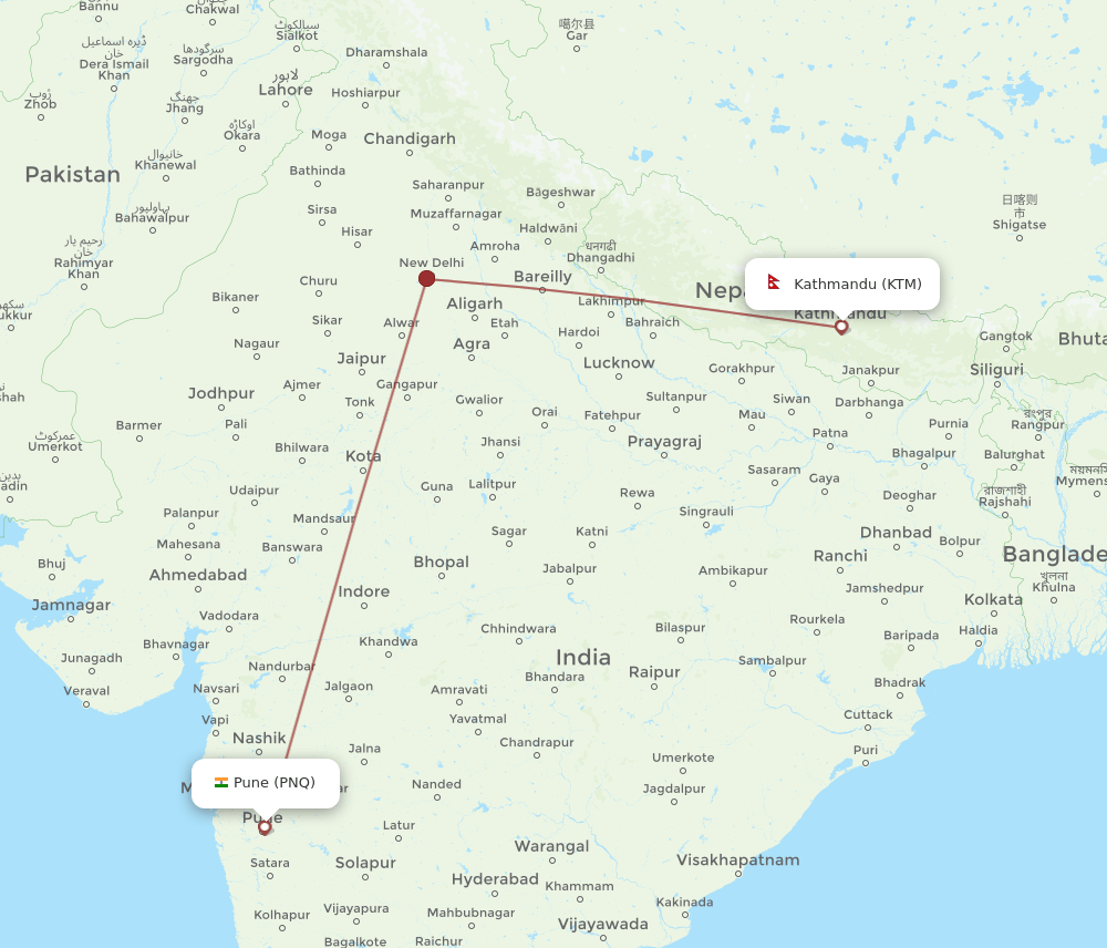 PNQ to KTM flights and routes map