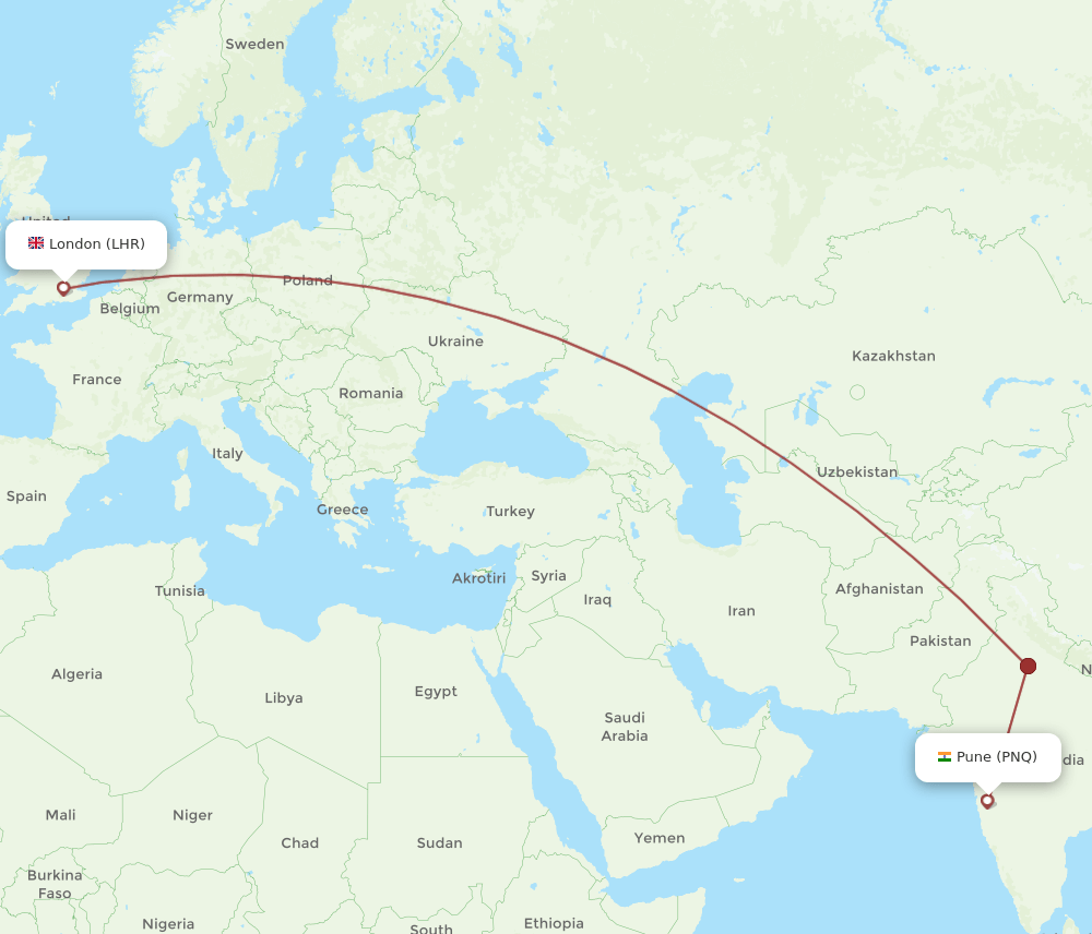 PNQ to LHR flights and routes map