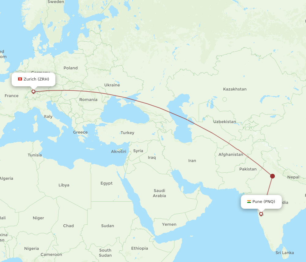 Zurich - Pune route map and flight paths