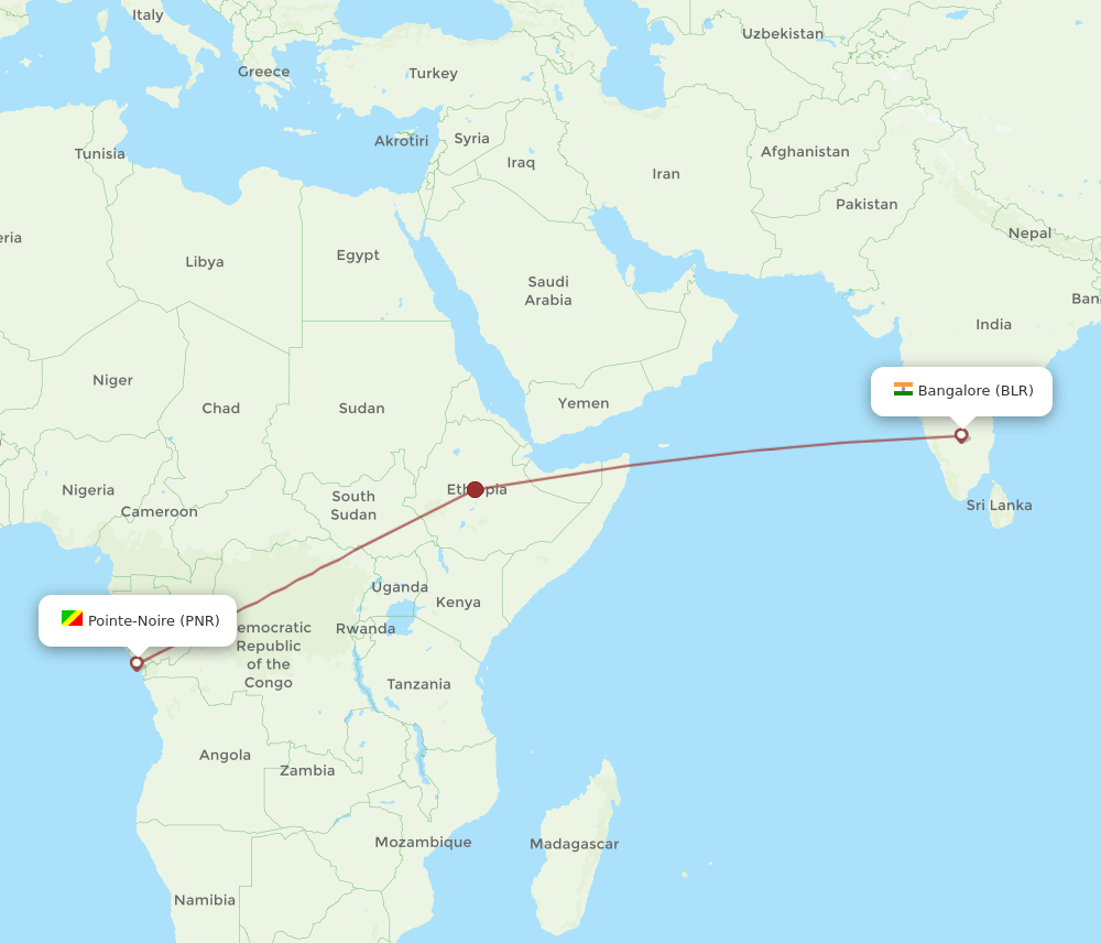 Bengaluru - Pointe Noire route map and flight paths