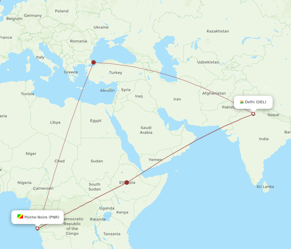Delhi - Pointe Noire route map and flight paths