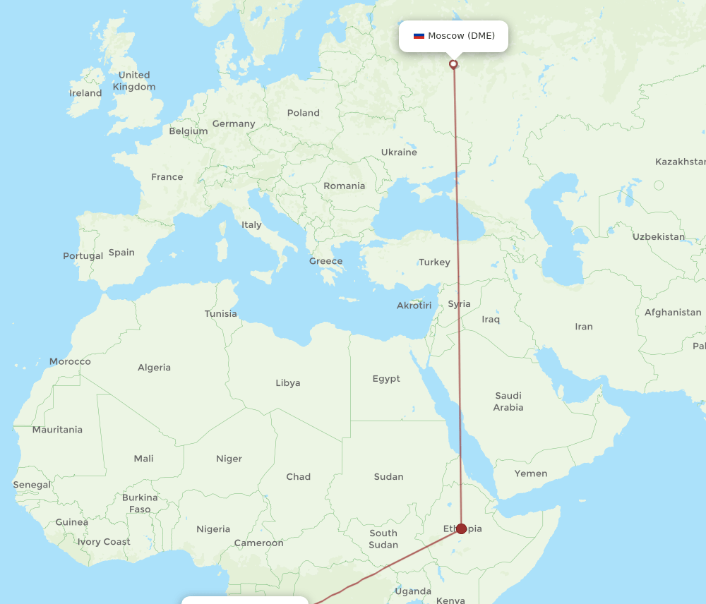 Moscow - Pointe Noire route map and flight paths