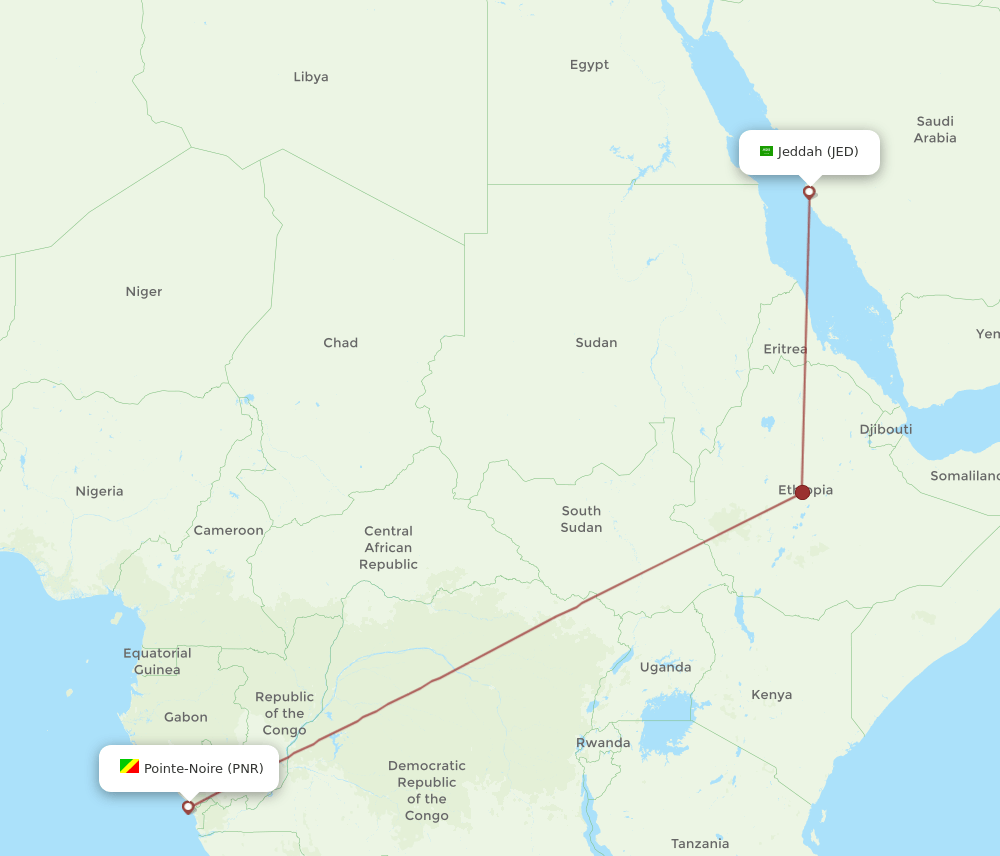 Jeddah - Pointe Noire route map and flight paths