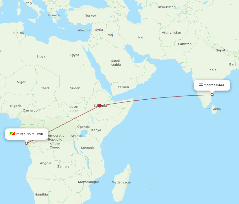 Chennai - Pointe Noire route map and flight paths