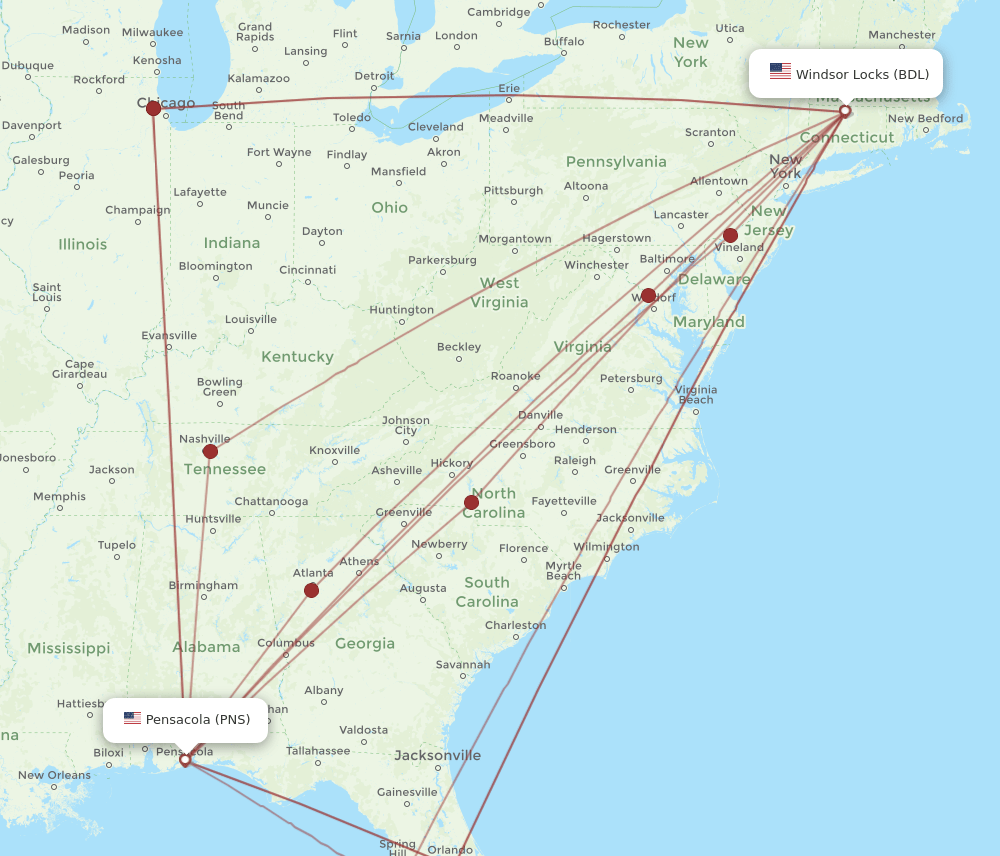 PNS-BDL flight routes