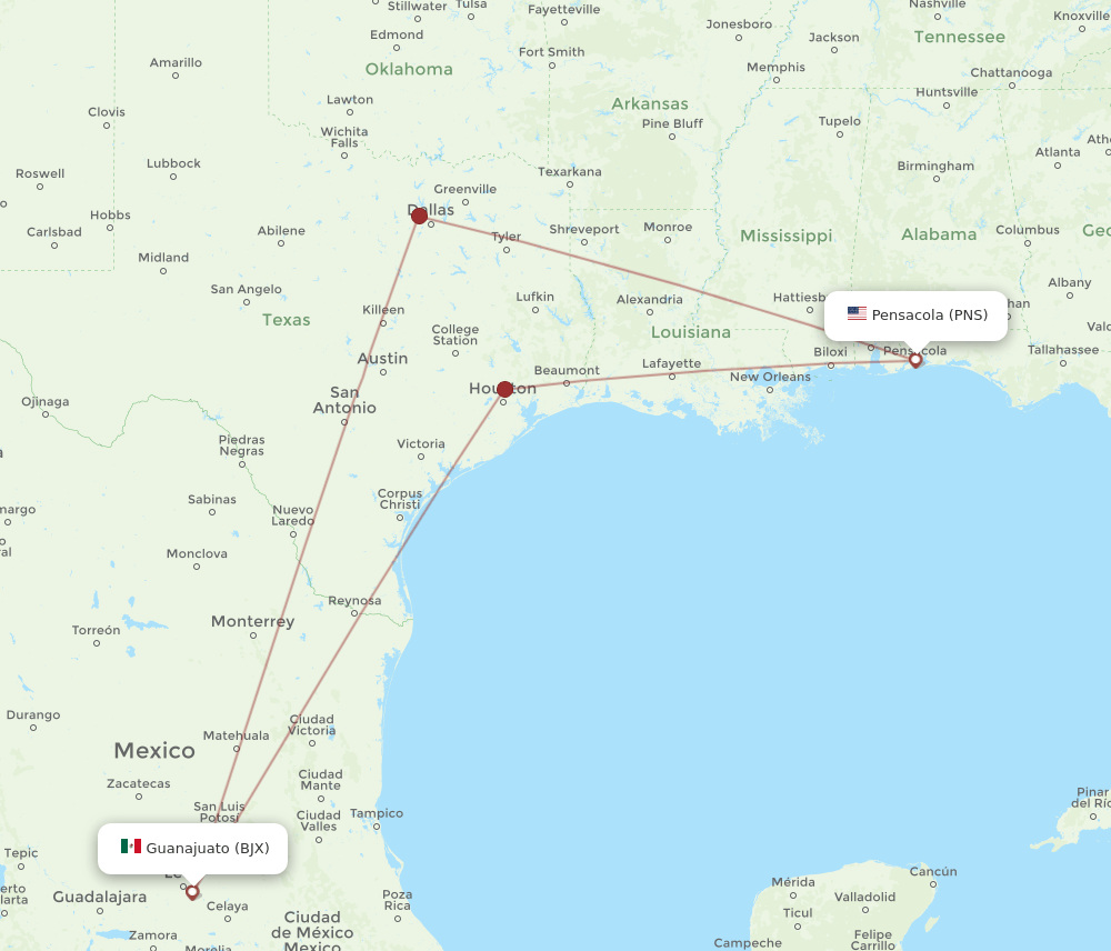 PNS to BJX flights and routes map