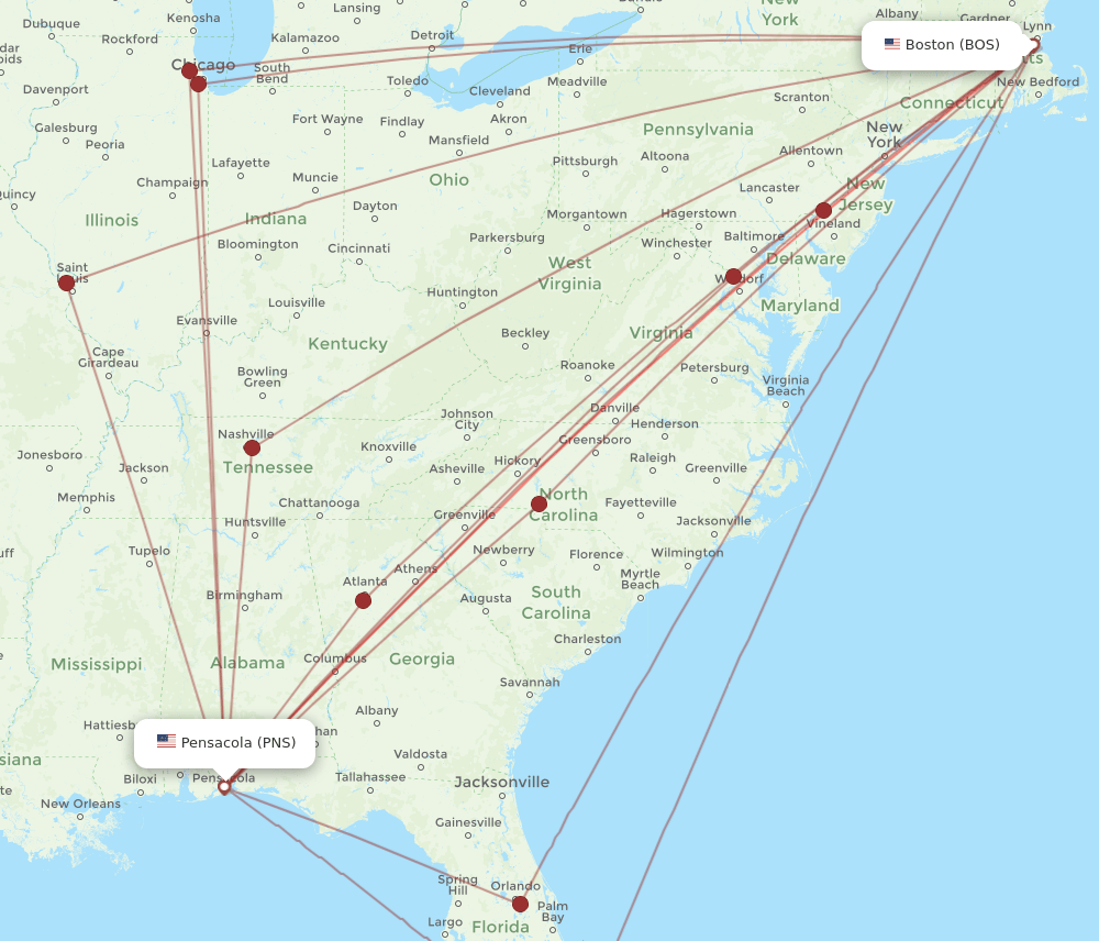 PNS to BOS flights and routes map