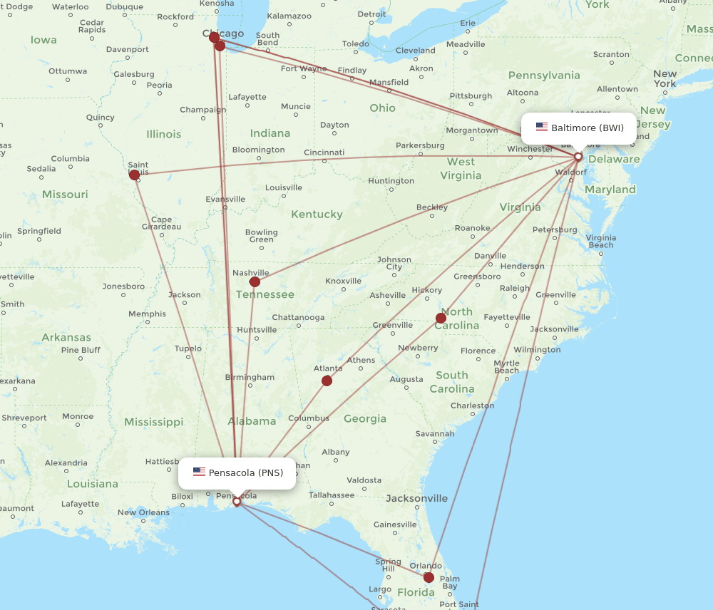 PNS-BWI flight routes