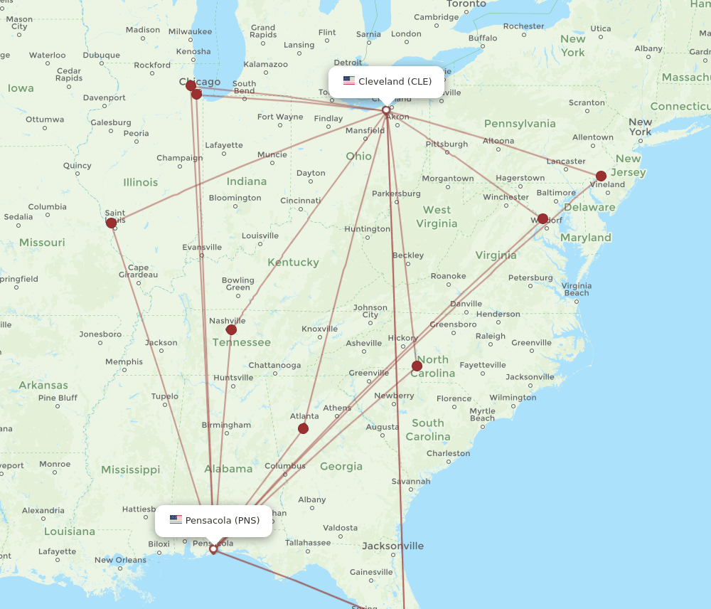 PNS to CLE flights and routes map
